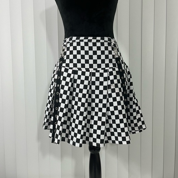 HOT TOPIC Silver Grommet Pleated Checkered Suspender Skirt Dress Black White  L - Picture 3 of 12